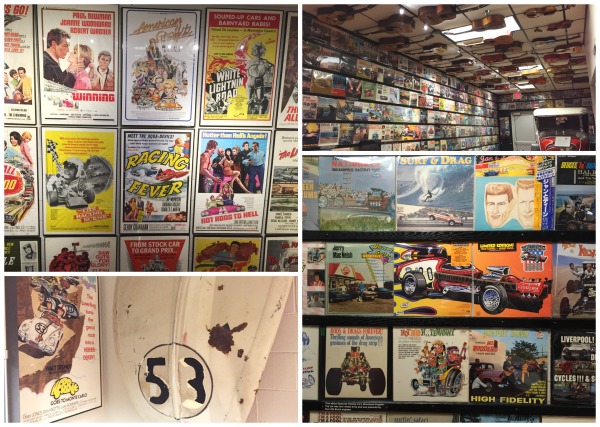 In addition to cars, the museum features collections of car related movie posters, album covers, guitars and movie memorabilia. 
