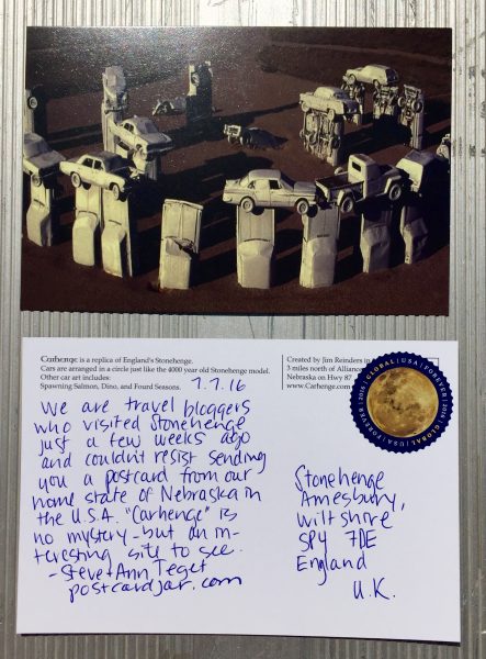 We couldn't resist sending a postcard from Carhenge to Stonehenge in England. 