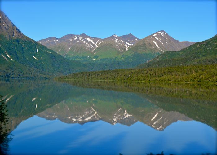 A beautiful reflection shot, taken from a moving train en route to Anchorage, Alaska. 