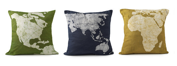 I purchased this set of three continent pillows from uncommongoods.com for about $95. 