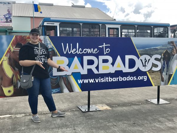 Meghan was happy to show off this Welcome to Barbados sign at the port. 