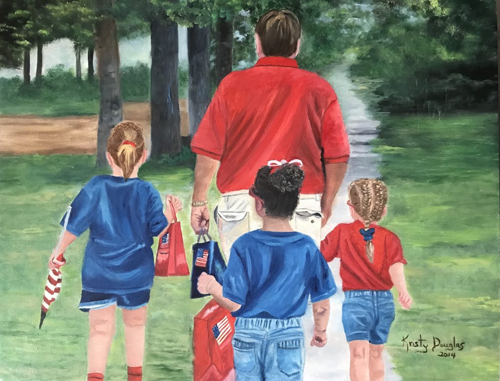 My aunt, Kristy Douglas, painted this picture of my dad walking home from the Fourth of July parade with his granddaughters.
