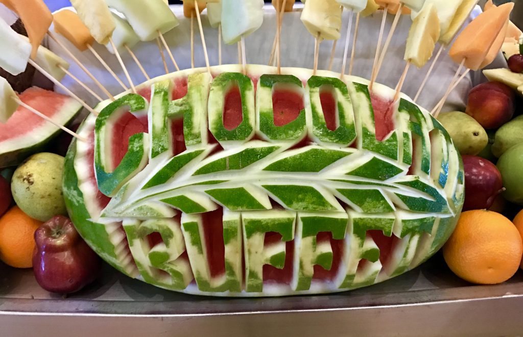 The chocolate bar on the Carnival Valor included beautifully carved watermelons with fresh fruit for dipping in a chocolate fountain. 
