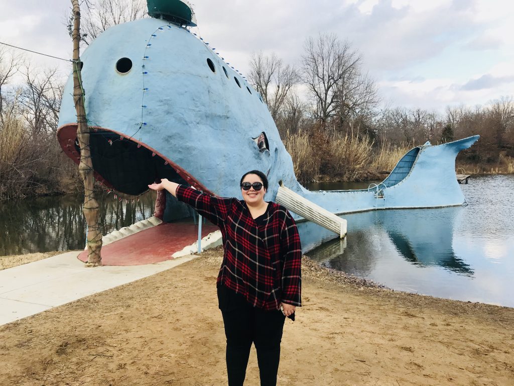 Our daughter, Meghan, at The Blue Whale of Catoosa on Route 66.