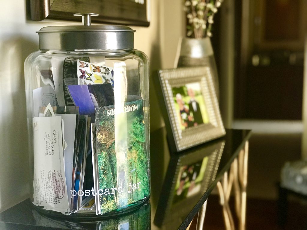Our postcard jar that sits on a table in our front entry. 