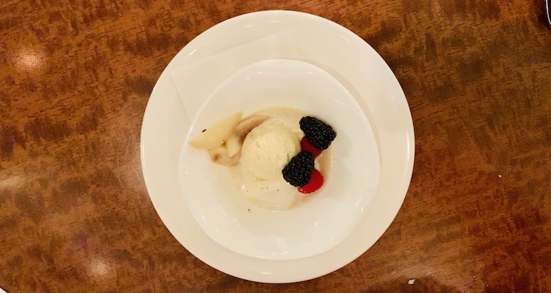 Brillat Savarin gelato with vanilla Riesling poached pears. 