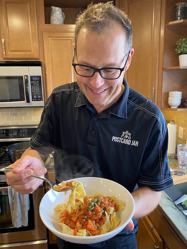 Steve with finished pasta and sauce