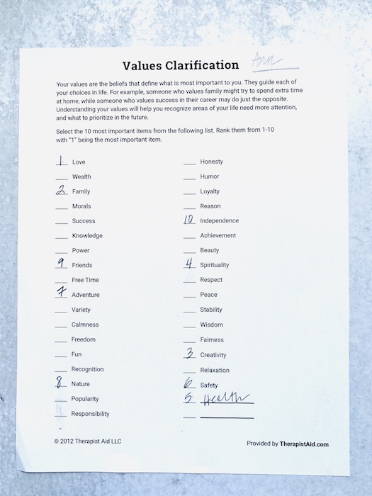 values clarification worksheet